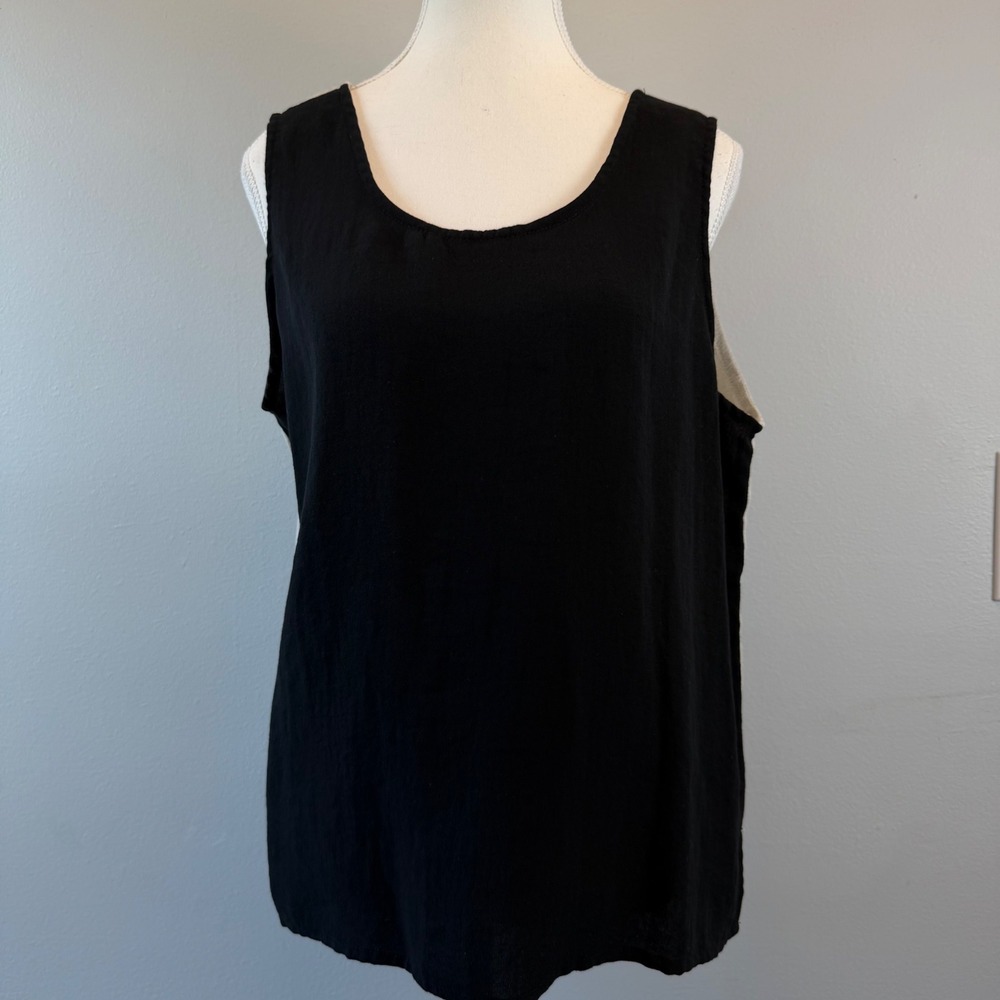 Fridaze Linen Tank Top‎ Large Black Beige Two Tone Sleeveless Lagenlook Beachy